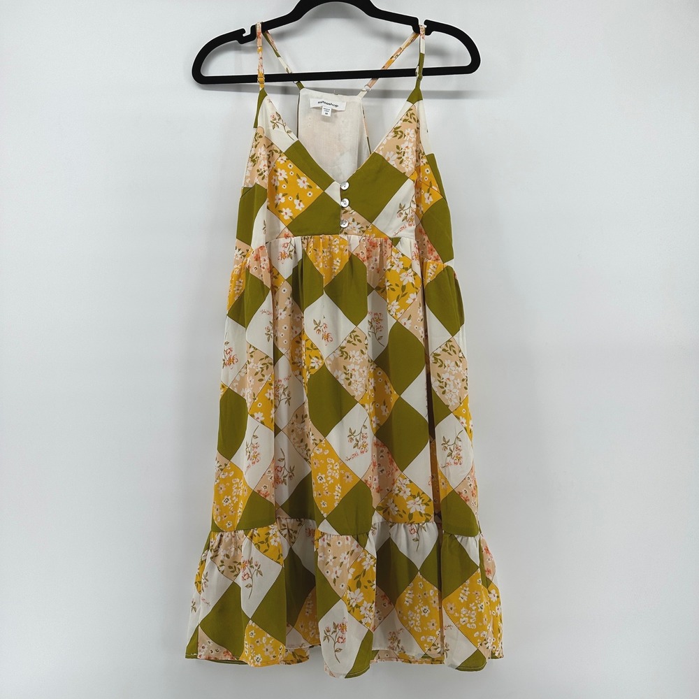 Mittoshop Floral Patchwork Tiered Babydoll Mini Dress Olive Mustard E42372B M